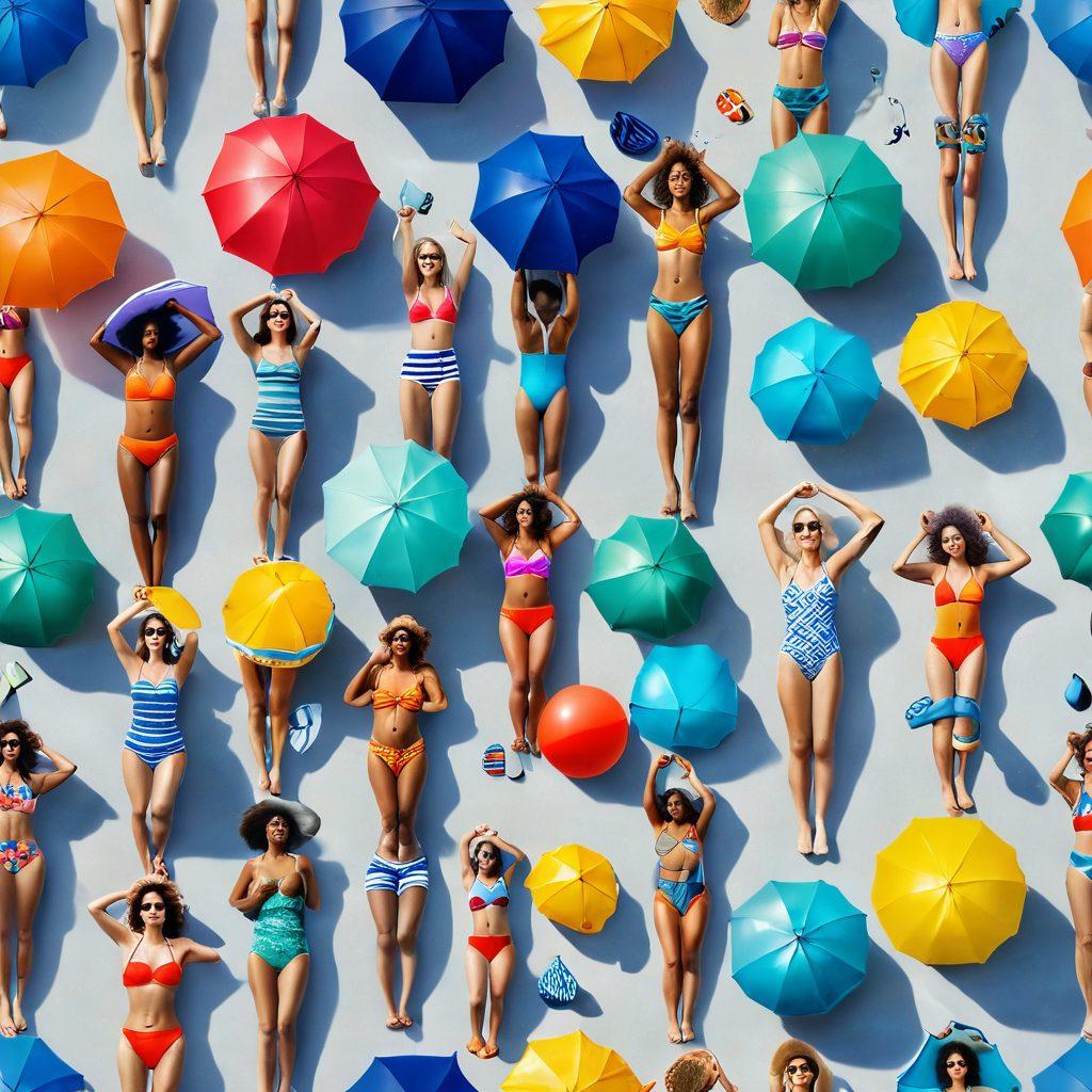 A serene beach scene with gentle waves lapping at the shore, showcasing a diverse group of joyful individuals wearing vibrant swimwear in various styles. The sky should have a mix of soft gray clouds with hints of sunlight breaking through, symbolizing hope in melancholy times. Include playful beach accessories like colorful umbrellas and beach balls to evoke a cheerful atmosphere. The overall vibe should be uplifting and inspiring, inviting viewers to embrace their unique swimwear fashion regardless of the weather. super-realistic. vibrant colors. soft focus.