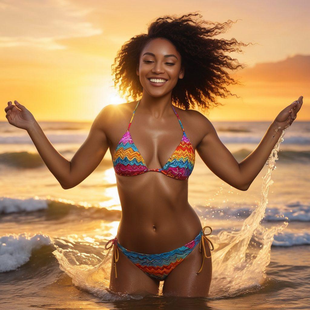 A serene beach scene at sunset, featuring a diverse group of people joyfully wearing colorful swimwear, splashing in the water and enjoying life. In the foreground, a close-up of a person holding a vibrant, patterned swimsuit, symbolizing transformation and positivity. The background showcases gentle waves and a golden sky, evoking a sense of hope and upliftment. super-realistic. vibrant colors. warm tones.