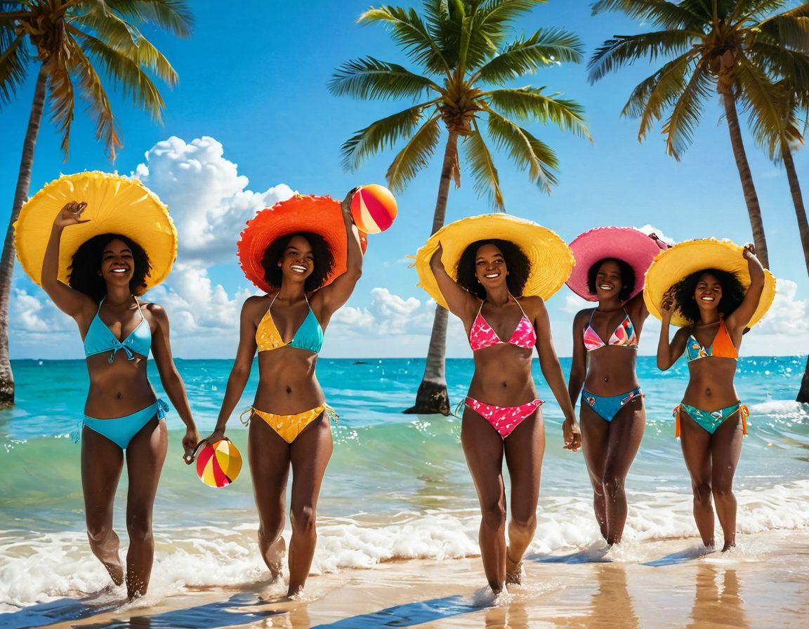 A vibrant beach scene featuring diverse individuals in colorful swimwear, joyfully splashing in the water under a bright sun. The background showcases a mix of tropical palm trees and soft waves, symbolizing resilience and happiness. Include elements like beach balls and sun hats for a playful touch, contrasted with subtle hints of storm clouds in the distance to represent overcoming sorrow. vivid colors. super-realistic. warm lighting.